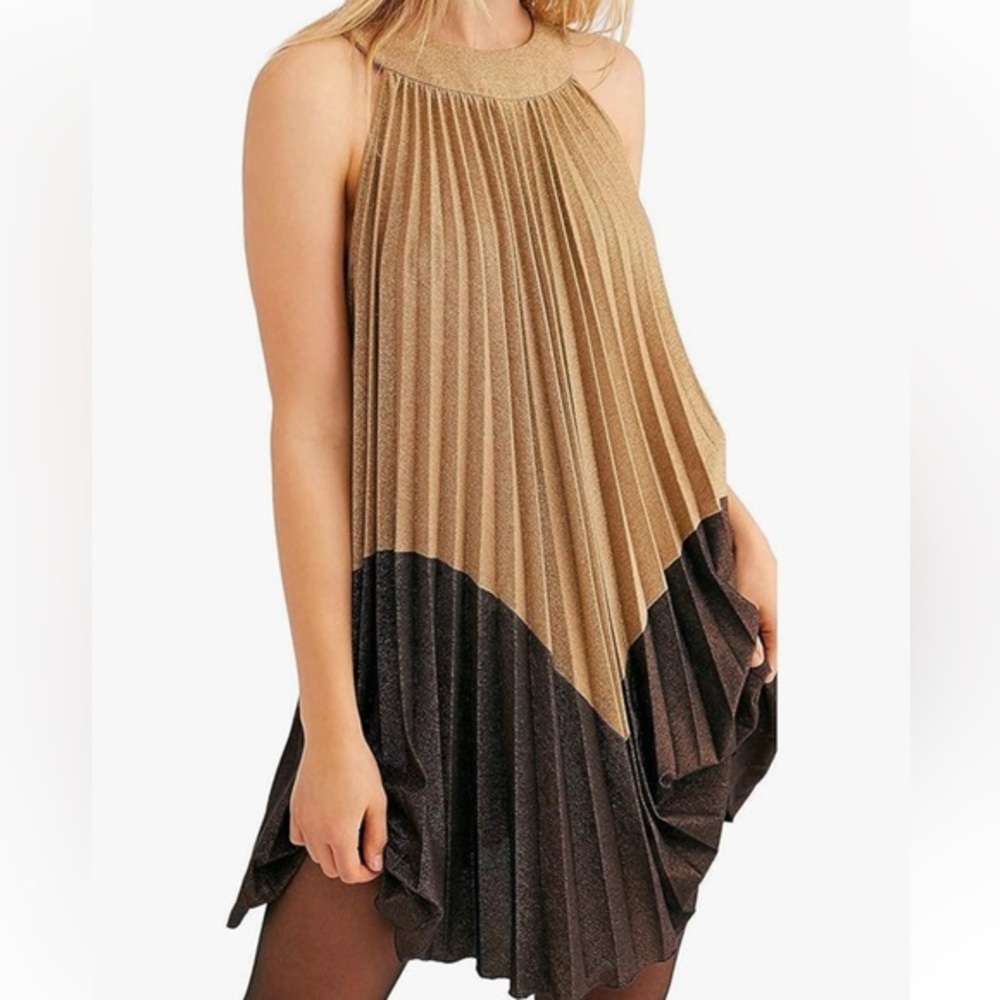 Free People Gold Brown Womens Shimmer Pleated Shift Dress